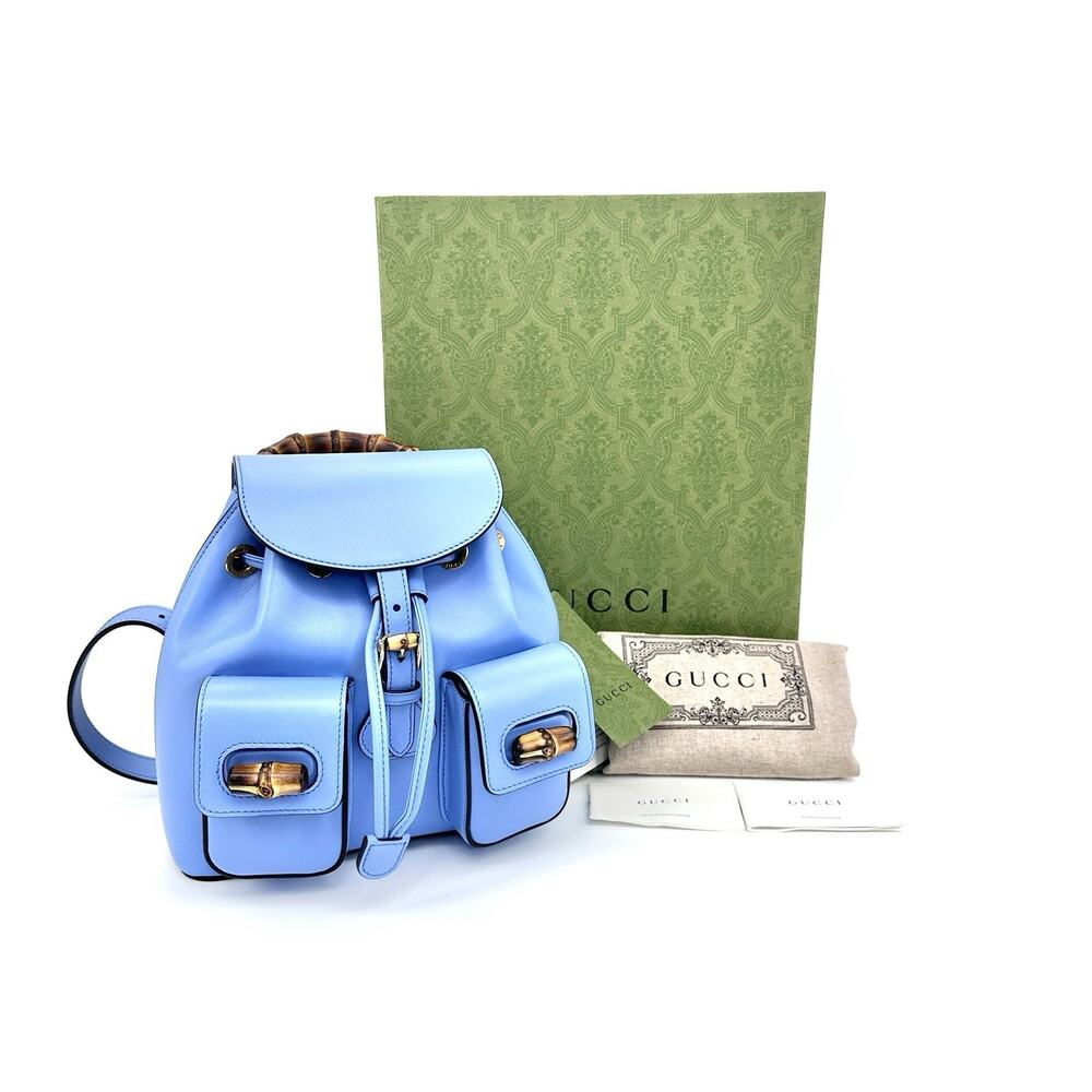 NIB Gucci Bamboo Backpack Clear Sky Blue Smooth Leather Top Handle $3,980 - Picture 5 of 16